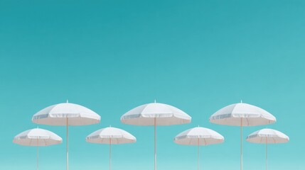Minimalist White Beach Umbrellas Under Clear Blue Sky Premium Modern Summer Lifestyle Image for Social Media and Marketing Campaigns