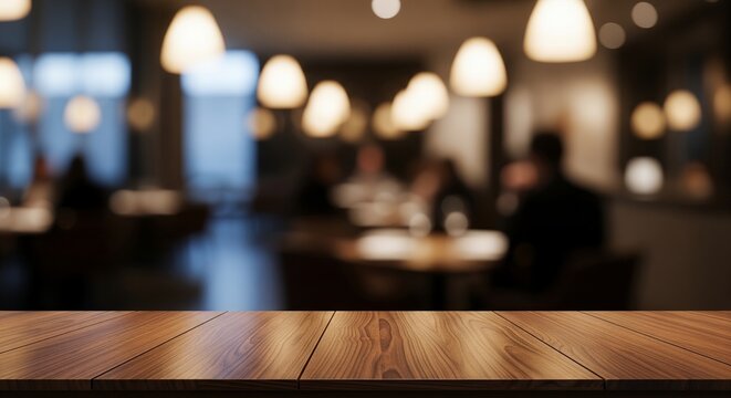 Empty wooden table top in blurred restaurant background, perfect for product placement or food display