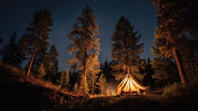 Illuminated tent nestled in a pine forest at night, under a starlit sky