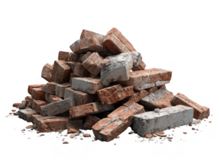 Pile of old weathered red and gray bricks stacked irregularly with scattered debris around