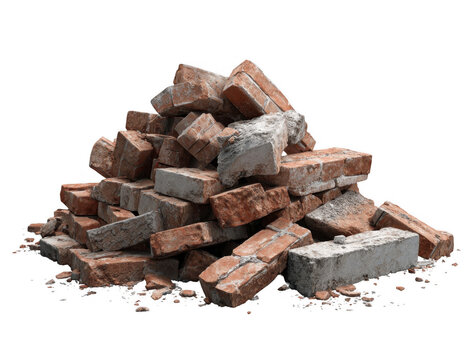 Pile of old weathered red and gray bricks stacked irregularly with scattered debris around