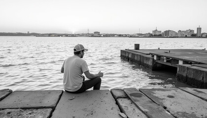 Man sitting by the water on pier contemplating the city skyline  