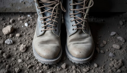 Durable work boots placed on rough ground with scattered stones  