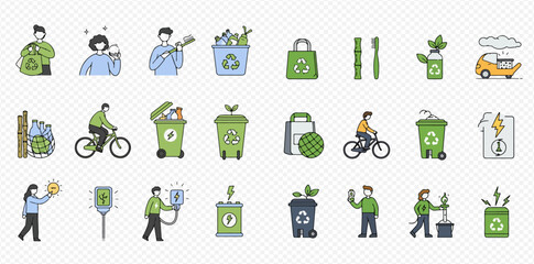 Eco-friendly lifestyle icons: recycling, renewable energy, and sustainable practices.