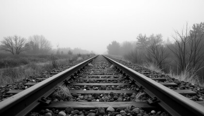 Obraz premium Railroad tracks disappearing into foggy landscape under gray sky 
