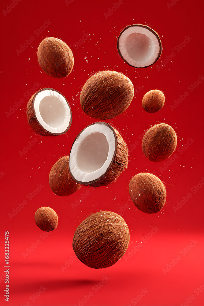 Poster Floating coconuts with split shells against a vibrant red background, creating a dynamic visual