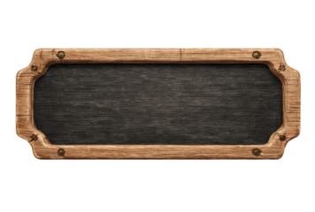 Rectangular wooden framed black chalkboard with rustic screws on a transparent background