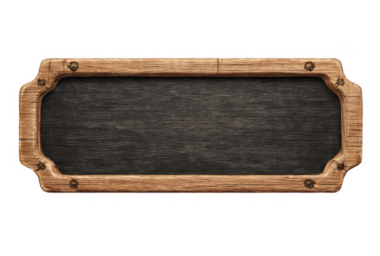 Rectangular wooden framed black chalkboard with rustic screws on a transparent background - Powered by Adobe