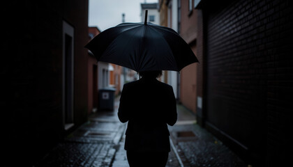 Person walking with black umbrella in narrow alley during rain  