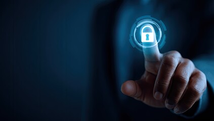 A hand in a suit touches a glowing digital lock icon on a dark background