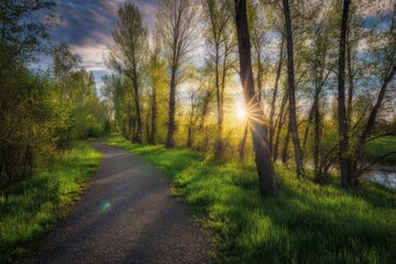 Obraz premium Sunlit path winding through vibrant spring trees
