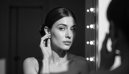 Young woman applying makeup while looking in mirror in studio  