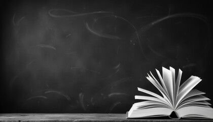 Open book on wooden table in front of black chalkboard background  