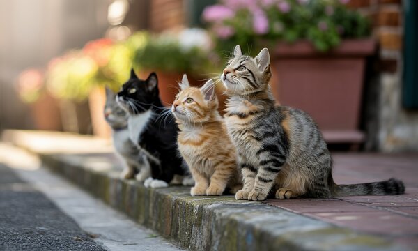 Four Kittens Sitting in a Row, Looking Upwards