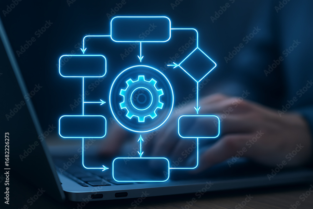 Poster a futuristic workflow process is displayed as a glowing blue diagram with a central gear icon on a l