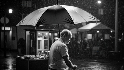 Mature man standing under black umbrella in rain at night  