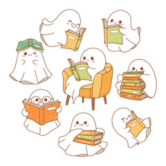 Cozy Bookish Ghost Collection Hand Drawn Vector, Ghost Reading Halloween Cartoon Doodle Design