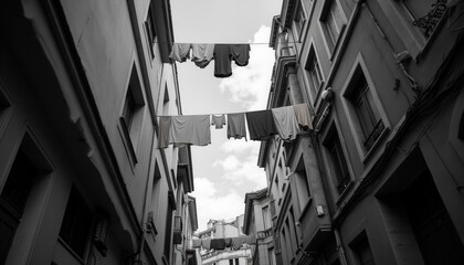 Clothes hanging between buildings in narrow street during daytime  