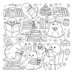 Cozy Bookish Ghost Collection Outline Vector, Ghost Reading Halloween Coloring Page Doodle Design