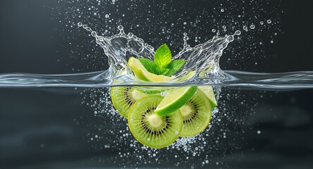 Fresh Kiwi and Lime Slices Splashing into Water, Healthy Fruit, Vitamin C, Refreshing Drink, Food Photography, Water Splash, Clean Eating, 