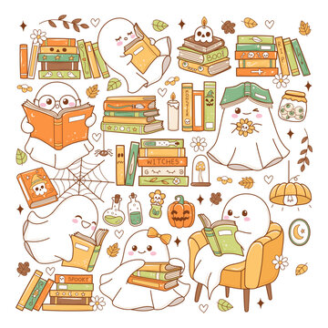Cozy Bookish Ghost Collection Hand Drawn Vector, Ghost Reading Halloween Cartoon Doodle Design