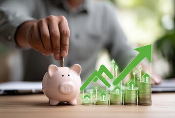 Hand placing coin in piggy bank, showing financial growth with rising arrow and house icons over coins