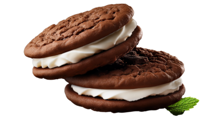 two stacked chocolate sandwich cookies filled with white cream on white background