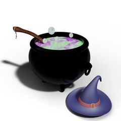 Witch Hat and Cauldron With Poison, Halloween season. transparency on background.