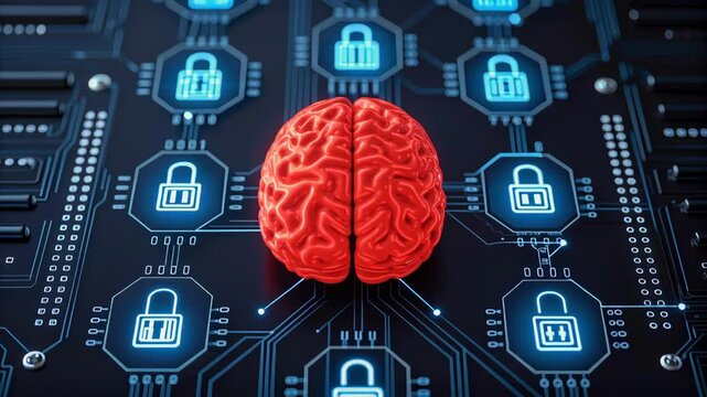 Glowing red brain cybersecurity neural network data protection, AI threats in healthcare systems, digital lock icons, risk alert, modern tech