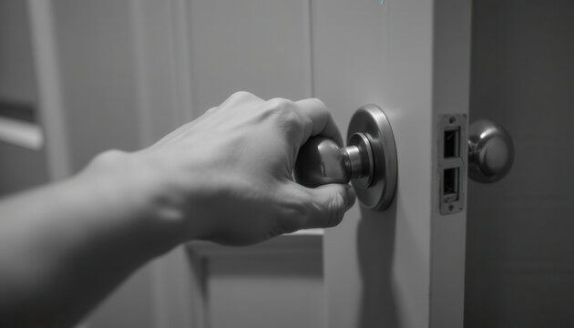Hand turning doorknob of white door in black and white image  