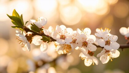 Blossoming branch with white flowers illuminated by golden sunlight creating a peaceful scene