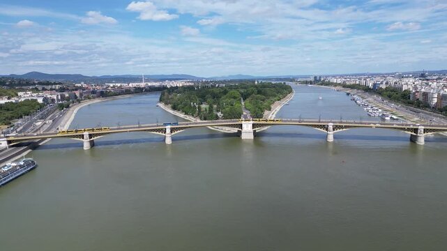 Aerial shot of Margaret island (Margitsziget) and Margaret Bridge (Margit h&iacute;d) in Budapest.