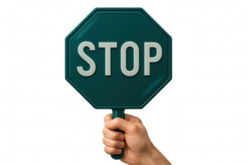 Hand gripping a vibrant green octagonal stop sign featuring bold white letters, set against a transparent background for clarity