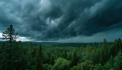 Storm clouds loom over a dense pine forest
