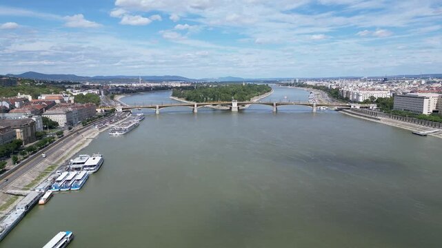 Aerial shot of Margaret island (Margitsziget) and Margaret Bridge (Margit h&iacute;d) in Budapest.