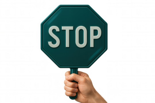 Hand gripping a vibrant green octagonal stop sign featuring bold white letters, set against a transparent background for clarity