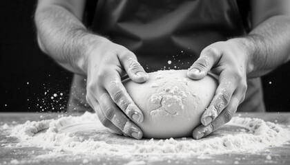 Man kneading dough with hands covered in flour on wooden table  