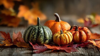 Vibrant autumn pumpkins gather on rustic wood amidst colorful fallen leaves, evoking cozy harvest season charm and festive Thanksgiving anticipation