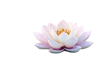 Delicate, radiant lotus blossom, light pink and white petals, subtle gold center, water droplets, isolated on black