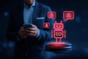 Businessman holding phone with a red robot icon and warning signs, suggesting an automated system malfunction