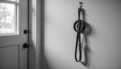 Dog leash hanging on the wall near the entrance door in black and white  