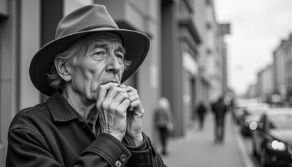 Elderly man playing harmonica while standing on city street  