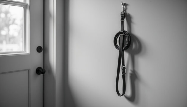 Dog leash hanging on the wall near the entrance door in black and white  