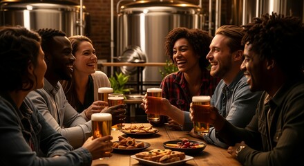 Happy friends toasting beer at brewery
