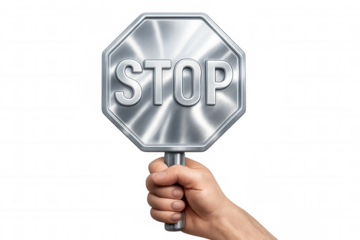 Hand holding a metallic stop sign with transparent background, ideal for road safety and traffic regulations concepts