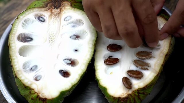 Hands extracting seeds from freshly cut soursop fruit, revealing white segmented flesh and black seeds on a rustic background
