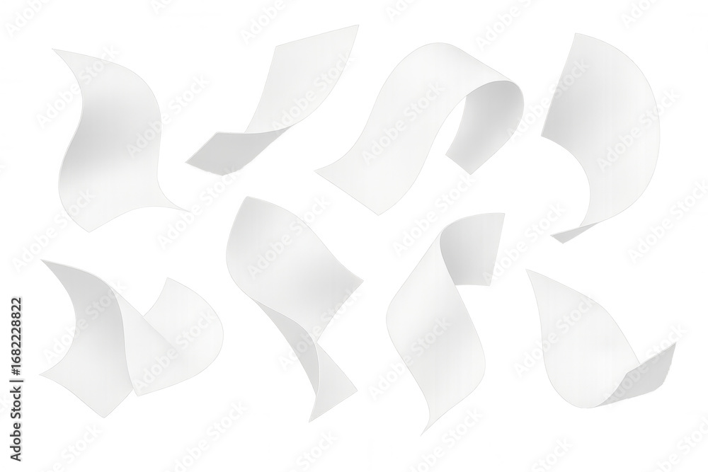 Poster set of blank white paper sheets soaring and waving gracefully against a transparent background, crea