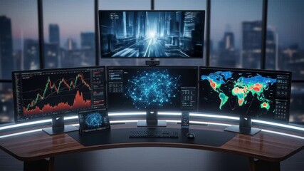 Futuristic Trading Desk with Multiple Screens Displaying Data and Cityscape Views - Powered by Adobe