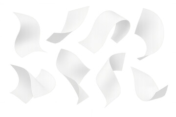 Set of blank white paper sheets soaring and waving gracefully against a transparent background, creating a dynamic and modern visual effect