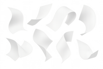 Set of blank white paper sheets soaring and waving gracefully against a transparent background, creating a dynamic and modern visual effect